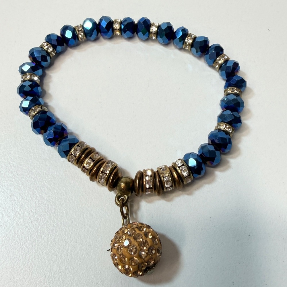 Blue Faceted Crystal Bead‎ Stretch Bracelet Pave Ball Charm Rhinestone Boho